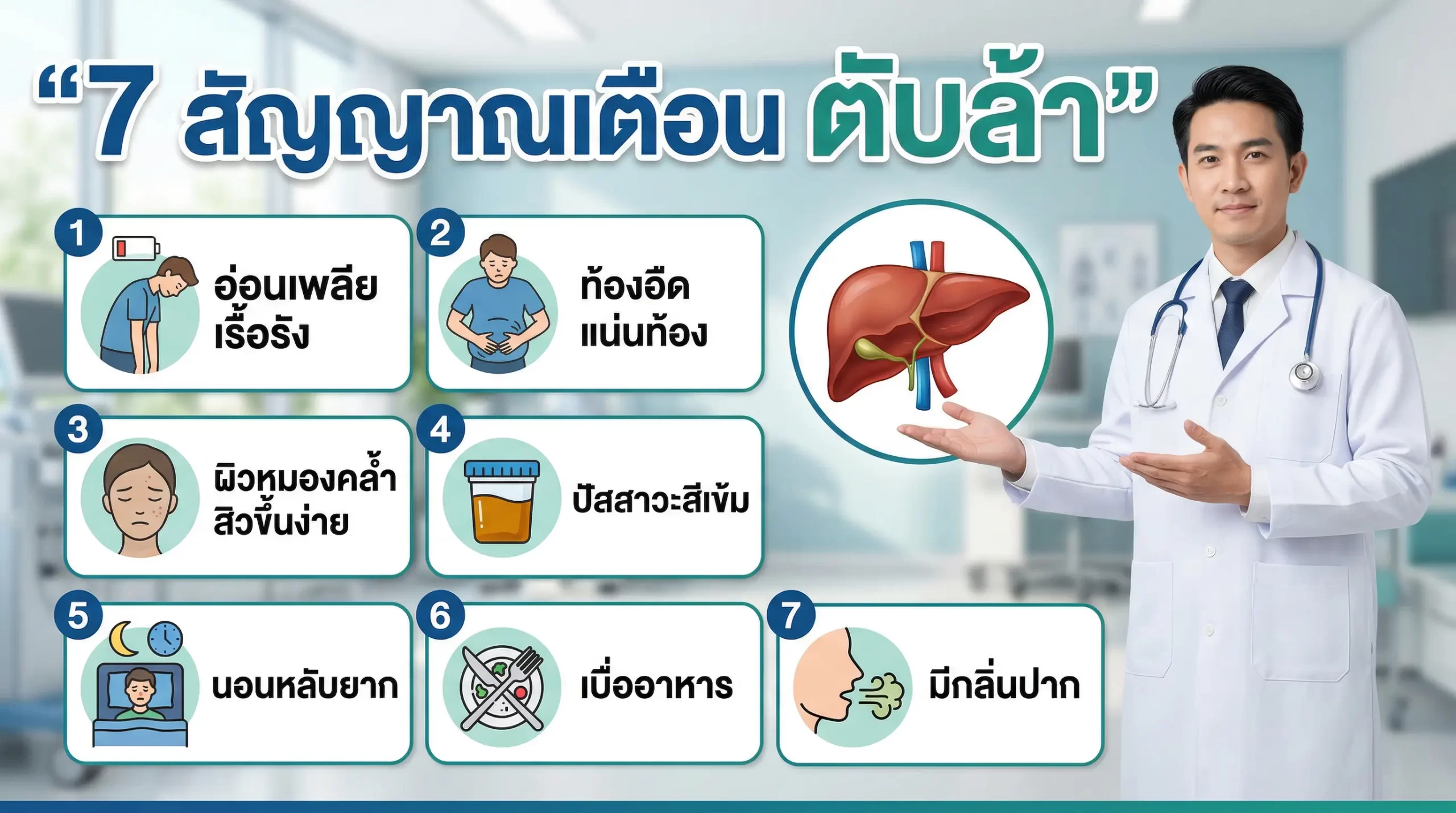 7 สัญญาณเตือนตับล้า พร้อมภาพแพทย์ชายสวมเสื้อกาวน์และภาพตับประกอบ อาการได้แก่ อ่อนเพลียเรื้อรัง ท้องอืด ผิวหมองคล้ำ ปัสสาวะสีเข้ม นอนหลับยาก เบื่ออาหาร และมีกลิ่นปาก