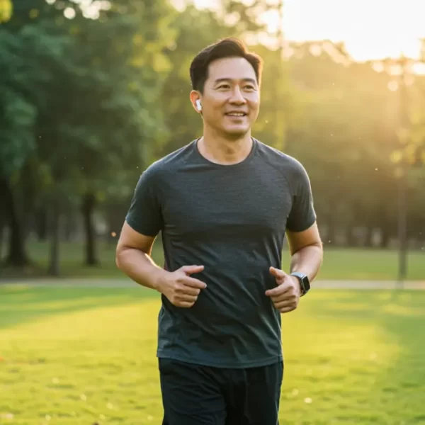 ผู้ชายวัย 40 ออกกำลังกายวิ่งในสวนตอนเช้า เพื่อดูแลสุขภาพให้ฟิตแข็งแรงเหมือนวัยหนุ่ม