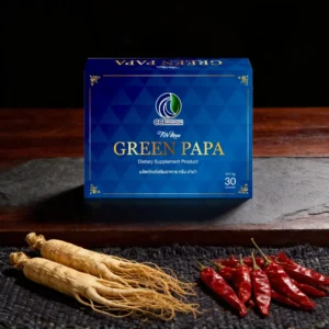 กล่องผลิตภัณฑ์ Green Papa อาหารเสริมสมุนไพรสำหรับผู้ชาย พร้อมส่วนประกอบจากพืช เช่น โสมและพริกแห้ง