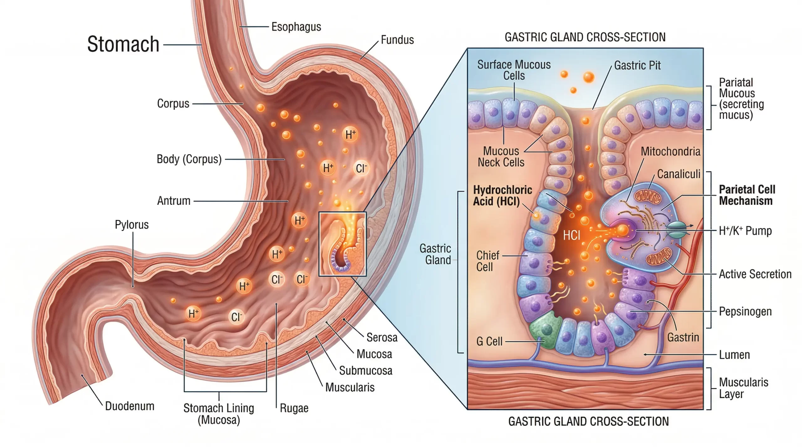 แผนผังแสดงกายวิภาคของกระเพาะอาหารมนุษย์และกลไกการหลั่งกรดไฮโดรคลอริกในเซลล์ผนังกระเพาะ สาเหตุของกรดไหลย้อน