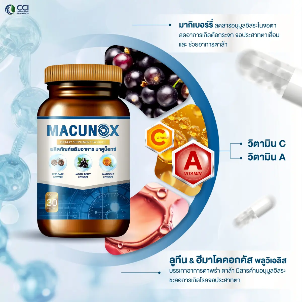 MACUNOX อาหารเสริมสายตา รวมลูทีน วิตามิน A C และสารสกัดบำรุงดวงตา