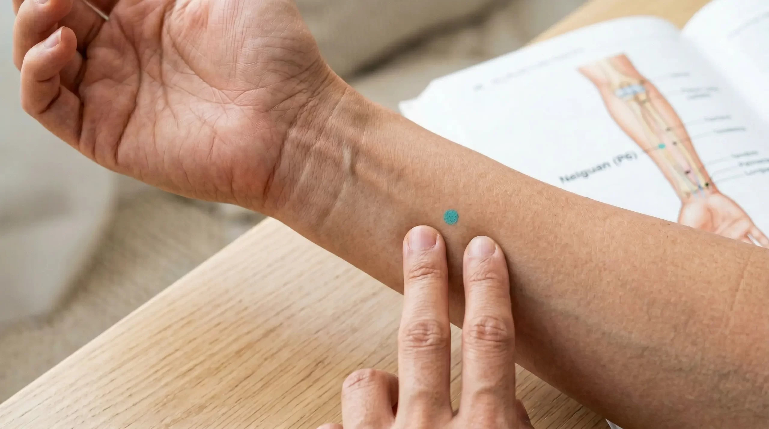 วิธีกดจุดเน่ยกวนที่ข้อมือด้านใน เพื่อบรรเทาอาการคลื่นไส้และลมดันจุกคอจากกรดไหลย้อน