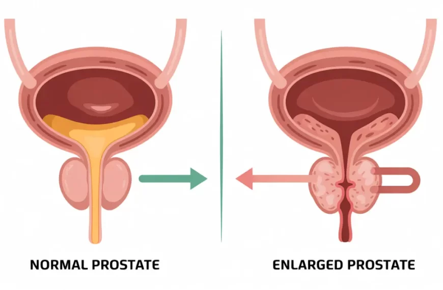 แผนภาพเปรียบเทียบต่อมลูกหมากปกติกับต่อมลูกหมากโต แสดงการกดท่อปัสสาวะและการไหลของปัสสาวะที่ผิดปกติ