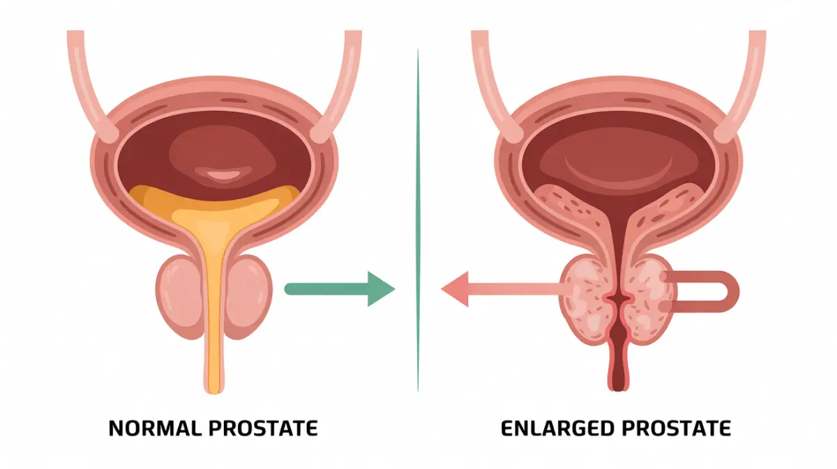 แผนภาพเปรียบเทียบต่อมลูกหมากปกติกับต่อมลูกหมากโต แสดงการกดท่อปัสสาวะและการไหลของปัสสาวะที่ผิดปกติ
