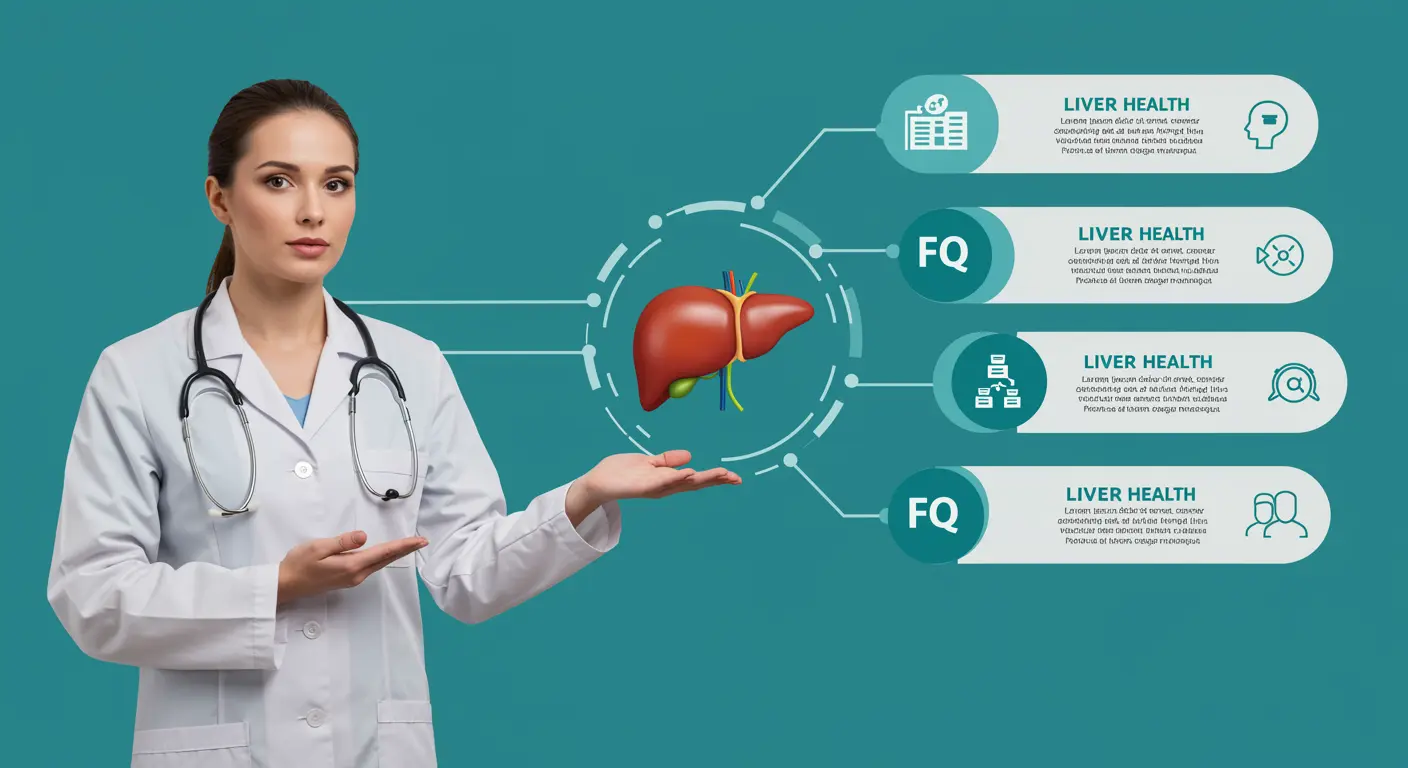 แพทย์หญิงสวมเสื้อกาวน์อธิบายเกี่ยวกับสุขภาพตับ มีภาพตับอยู่กึ่งกลางและช่องคำถามเกี่ยวกับการดูแลตับด้านขวา พื้นหลังโทนสีเขียวคลินิก