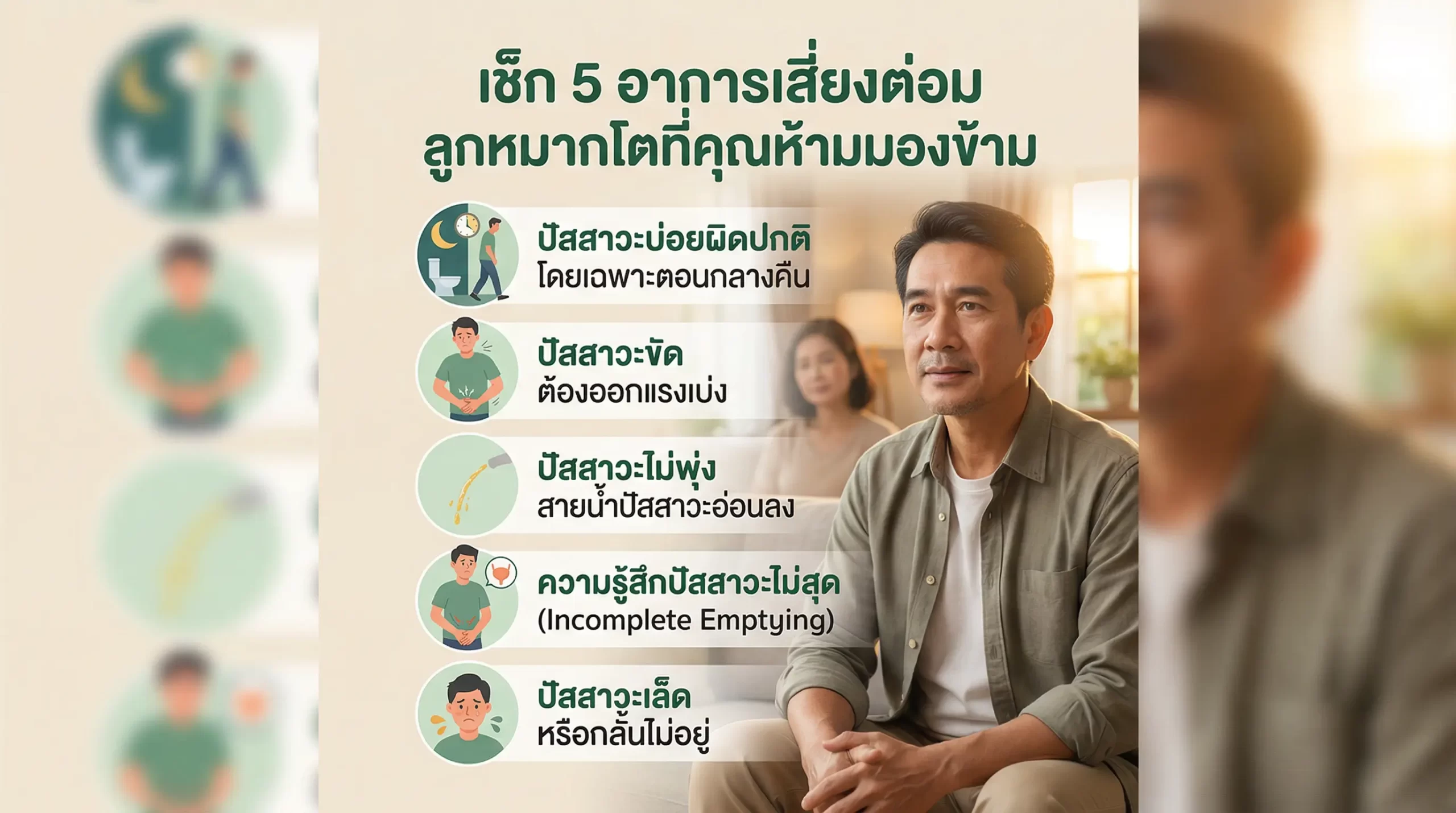 5 อาการเสี่ยงต่อมลูกหมากโต เช่น ปัสสาวะบ่อยตอนกลางคืน ปัสสาวะขัด ปัสสาวะไม่พุ่ง รู้สึกปัสสาวะไม่สุด และปัสสาวะเล็ด