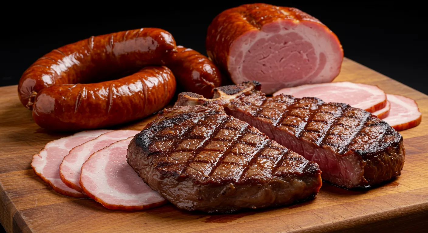 สเต็กเนื้อแดงชิ้นใหญ่ ไส้กรอก และแฮมที่จัดวางอยู่บนเขียงไม้ สื่อถึงกลุ่มอาหารไขมันสูงและแปรรูปที่ผู้ป่วยต่อมลูกหมากโต (BPH) ควรเลี่ยงเด็ดขาด