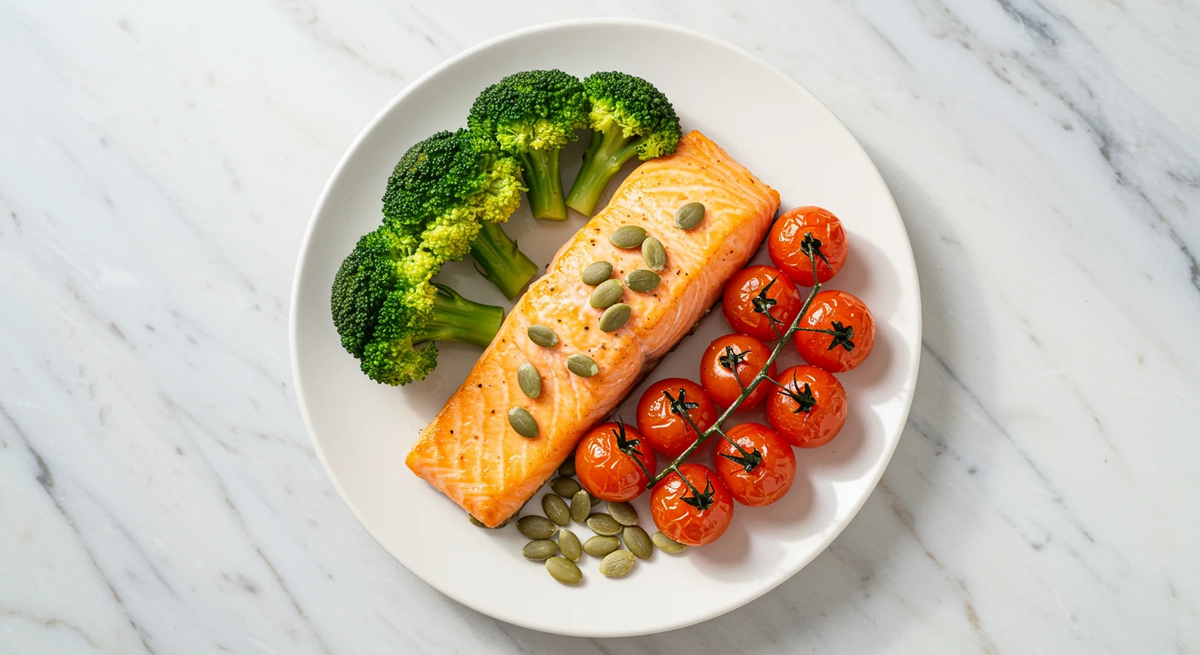 จานอาหารสุขภาพที่จัดวางอย่างสวยงาม ประกอบด้วยแซลมอนย่าง บร็อคโคลีนึ่ง มะเขือเทศสุก และเมล็ดฟักทอง เป็นอาหารแนะนำสำหรับผู้ป่วยต่อมลูกหมากโต