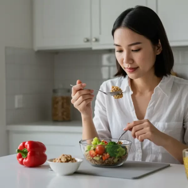 ผู้หญิงกำลังกินอาหารสุขภาพเพื่อช่วยลดอาการกรดไหลย้อน