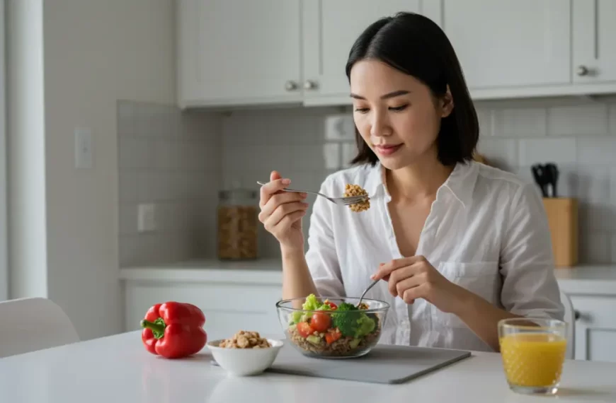 ผู้หญิงกำลังกินอาหารสุขภาพเพื่อช่วยลดอาการกรดไหลย้อน