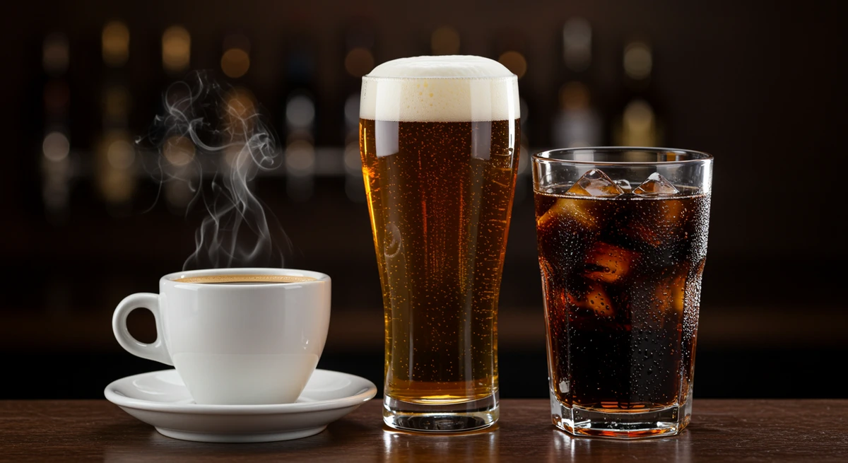 แก้วกาแฟดำพร้อมควันฉุย วางอยู่คู่กับแก้วเบียร์ที่มีฟองและแก้วน้ำอัดลม สื่อถึงเครื่องดื่มที่มีคาเฟอีนและแอลกอฮอล์ ซึ่งระคายเคืองกระเพาะปัสสาวะและทำให้ปัสสาวะบ่อยกลางคืน