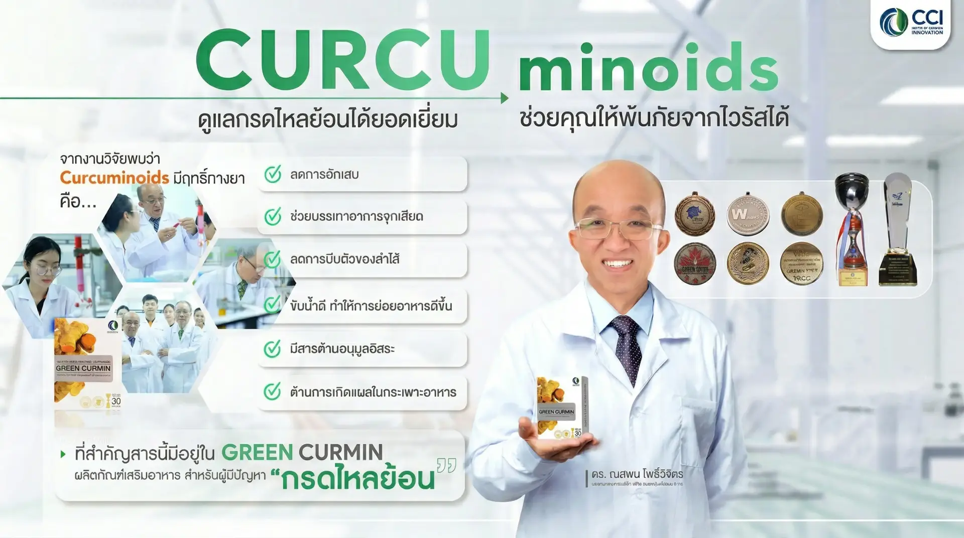 ผลิตภัณฑ์เสริมอาหาร Green Curmin สารสกัดขมิ้นชัน Curcuminoids ช่วยบรรเทาอาการกรดไหลย้อนและลดการอักเสบ