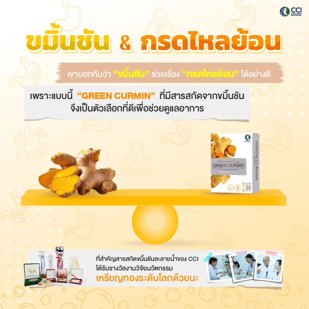 ขมิ้นชันสกัดละลายน้ำ CCI กรีนเคอร์มิน Green Curmin รางวัลนวัตกรรมเหรียญทองระดับโลก สำหรับดูแลอาการกรดไหลย้อน