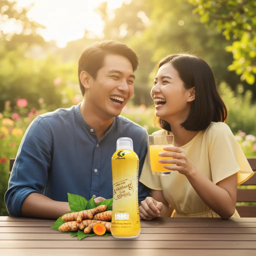 คู่รักชาวไทยสุขภาพดีหัวเราะอย่างมีความสุขขณะดื่มสมุนไพรสกัด Arshithong Gold จาก Champherb ท่ามกลางสวนธรรมชาติ
