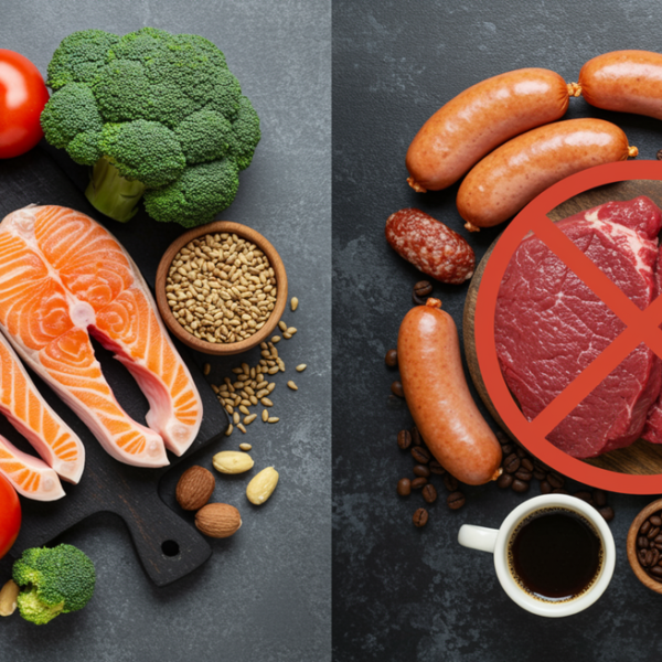 ภาพเปรียบเทียบระหว่างอาหารที่คนต่อมลูกหมากโตห้ามกิน (เนื้อแดง ไส้กรอก กาแฟ เบียร์) กับอาหารที่ดีต่อต่อมลูกหมาก (แซลมอน บร็อคโคลี มะเขือเทศ) ช่วยลดอาการปัสสาวะบ่อย