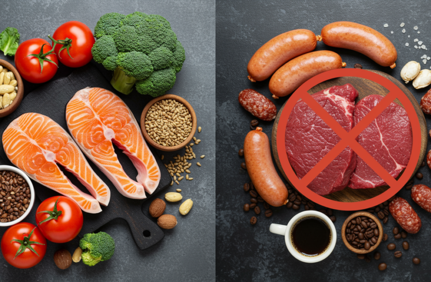 ภาพเปรียบเทียบระหว่างอาหารที่คนต่อมลูกหมากโตห้ามกิน (เนื้อแดง ไส้กรอก กาแฟ เบียร์) กับอาหารที่ดีต่อต่อมลูกหมาก (แซลมอน บร็อคโคลี มะเขือเทศ) ช่วยลดอาการปัสสาวะบ่อย