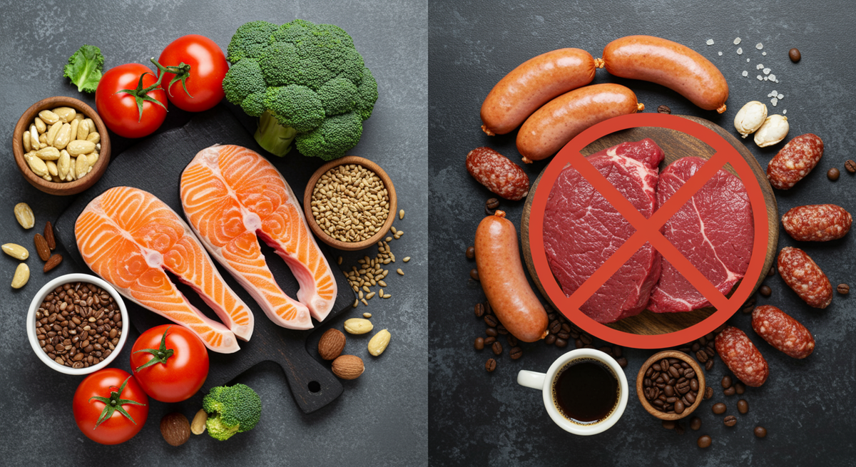 ภาพเปรียบเทียบระหว่างอาหารที่คนต่อมลูกหมากโตห้ามกิน (เนื้อแดง ไส้กรอก กาแฟ เบียร์) กับอาหารที่ดีต่อต่อมลูกหมาก (แซลมอน บร็อคโคลี มะเขือเทศ) ช่วยลดอาการปัสสาวะบ่อย