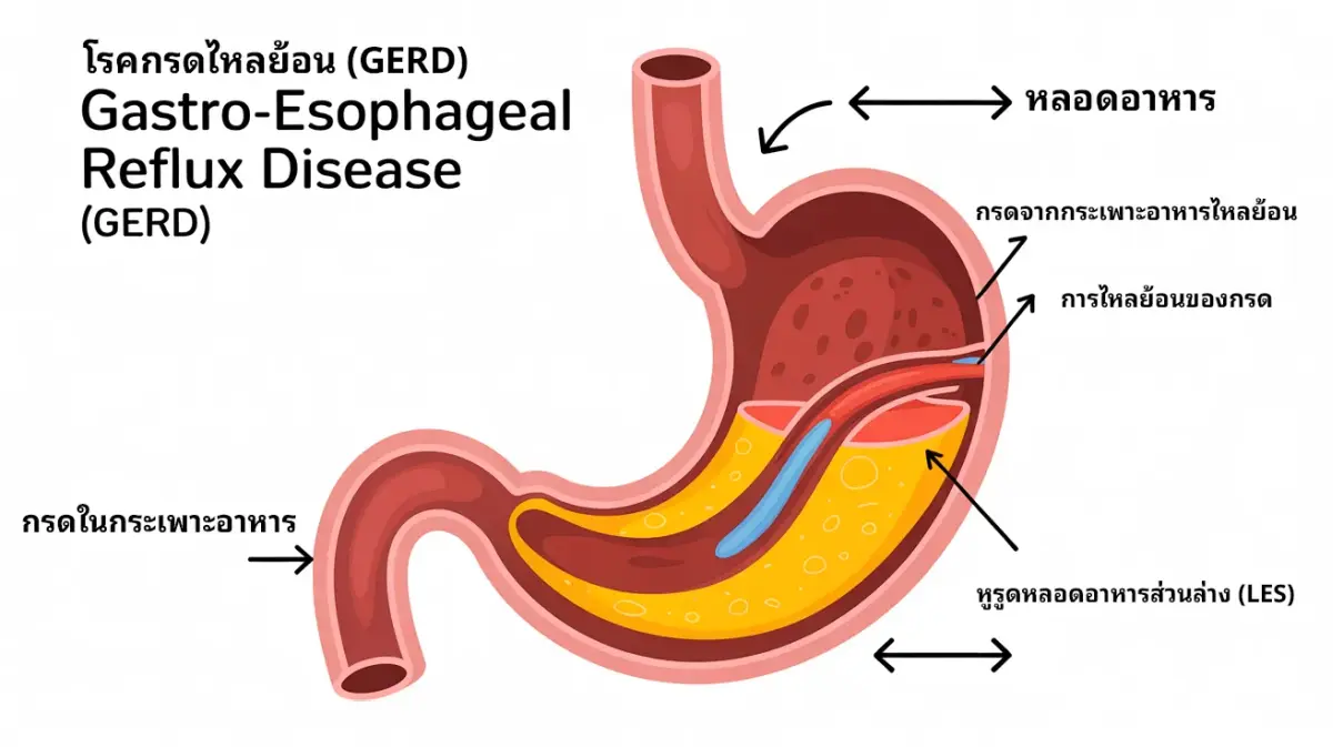ภาพแสดงกลไกโรคกรดไหลย้อน GERD เมื่อกรดจากกระเพาะอาหารไหลย้อนขึ้นสู่หลอดอาหาร