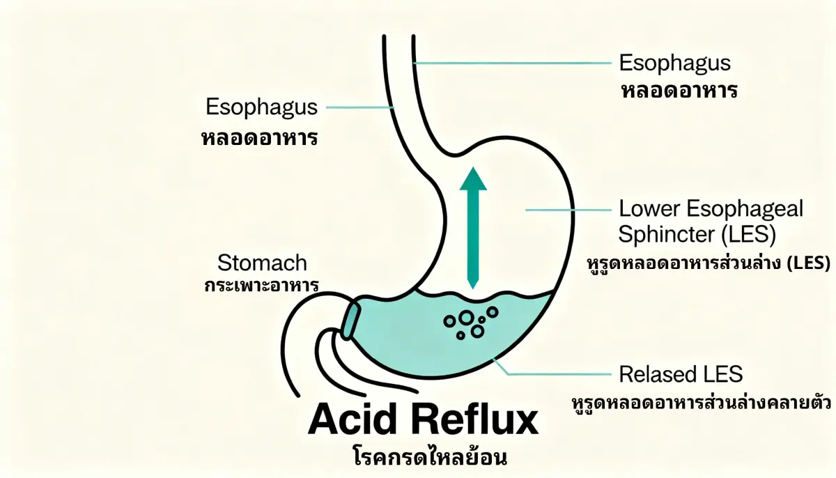 แผนภาพกลไกการเกิดโรคกรดไหลย้อน (GERD) แสดงกรดจากกระเพาะอาหารไหลย้อนขึ้นสู่หลอดอาหาร