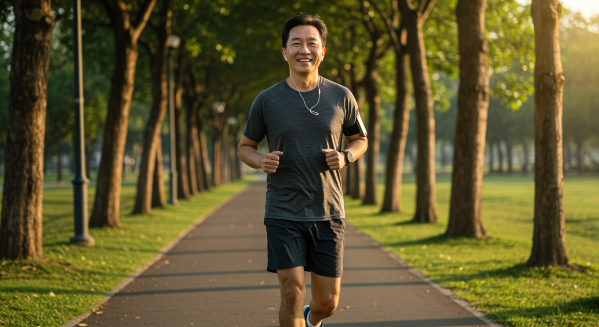 ผู้ชายวัยกลางคนชาวเอเชียยิ้มแย้ม กำลังออกกำลังกายด้วยการวิ่งเหยาะๆ ในสวนสาธารณะช่วงพระอาทิตย์ขึ้น สื่อถึงคุณภาพชีวิตที่ดีจากการดูแลสุขภาพและโภชนาการ
