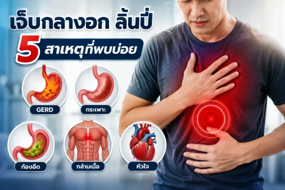 เจ็บกลางอก ลิ้นปี่ อาการเจ็บแน่นหน้าอก สาเหตุจากกรดไหลย้อนและโรคหัวใจ