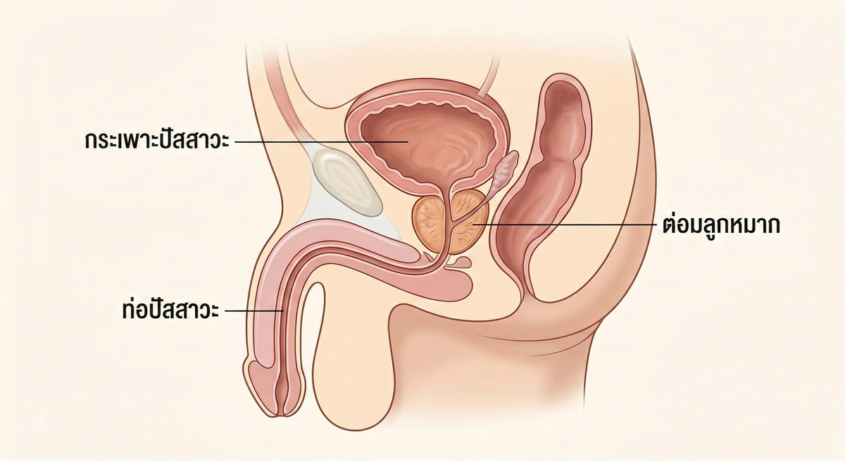 แผนภาพแสดงตำแหน่งต่อมลูกหมากและท่อปัสสาวะผู้ชาย