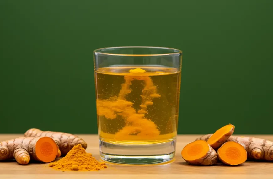 ขมิ้นชันละลายน้ำกำลังละลายในแก้วน้ำ พร้อมหัวขมิ้นสด ช่วยดูแลระบบทางเดินอาหาร