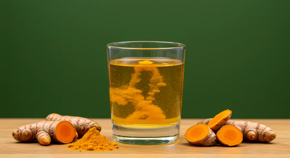 ขมิ้นชันละลายน้ำกำลังละลายในแก้วน้ำ พร้อมหัวขมิ้นสด ช่วยดูแลระบบทางเดินอาหาร