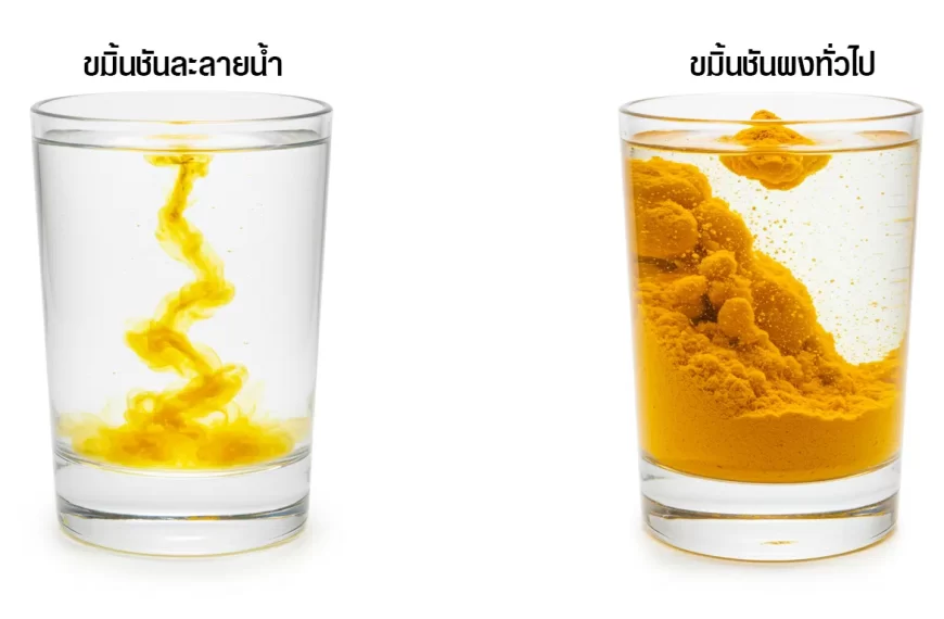 การเปรียบเทียบขมิ้นชันละลายน้ำกับขมิ้นชันผงทั่วไปเมื่อผสมในน้ำ