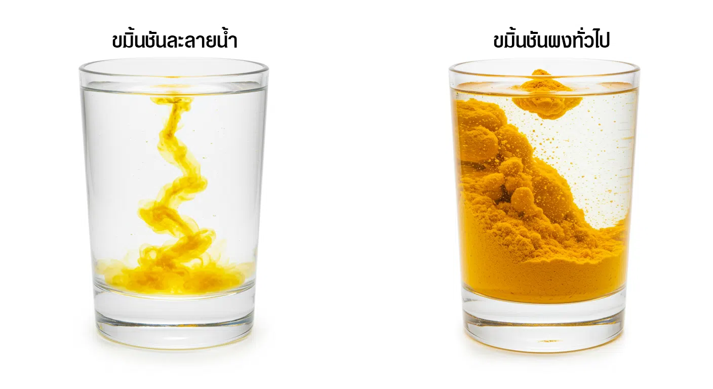 การเปรียบเทียบขมิ้นชันละลายน้ำกับขมิ้นชันผงทั่วไปเมื่อผสมในน้ำ