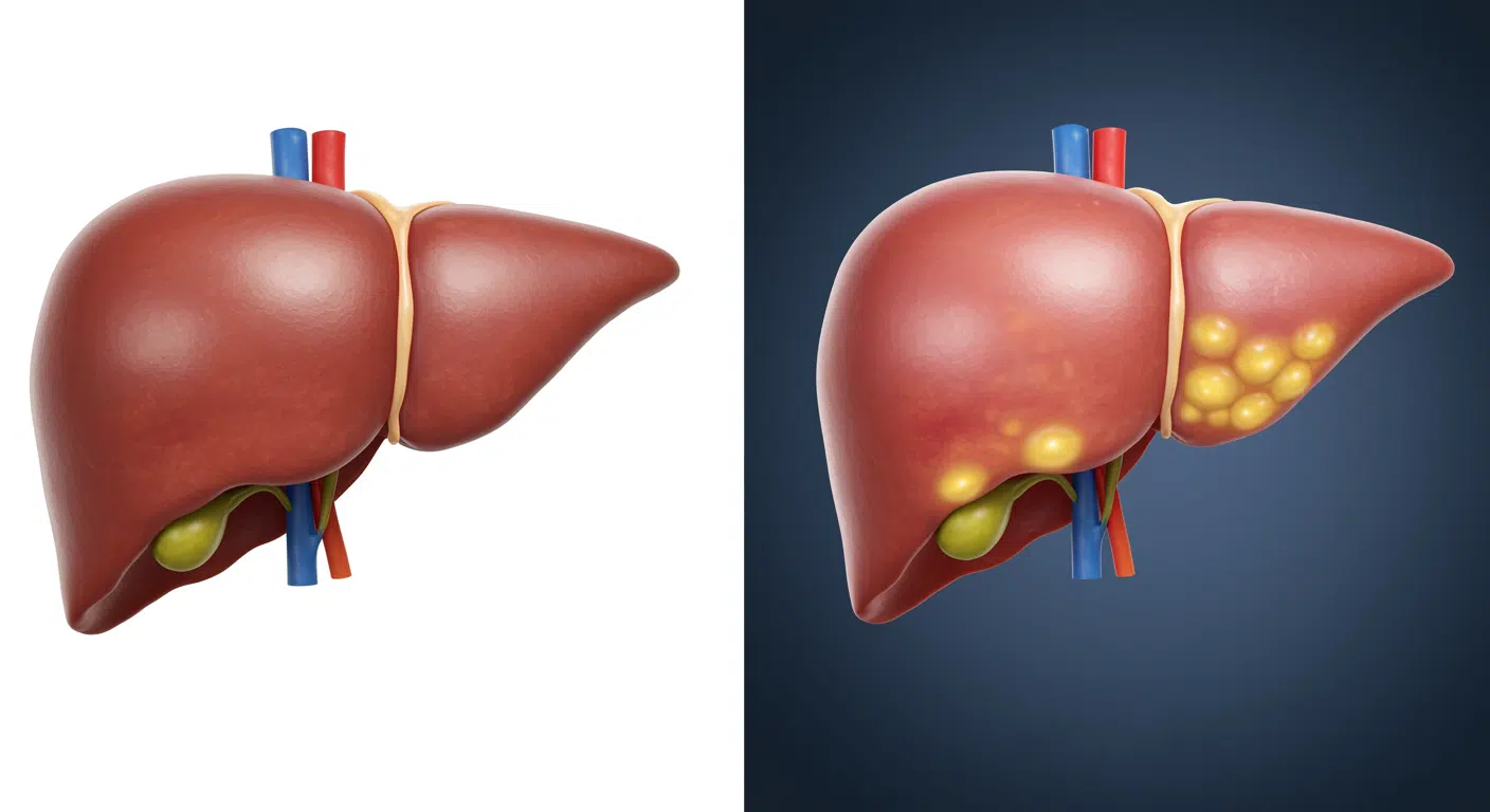 ภาพเปรียบเทียบตับปกติกับตับที่มีไขมันพอก แสดงการสะสมไขมันในเนื้อตับและความแตกต่างของโครงสร้าง