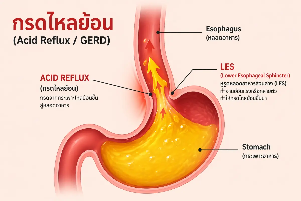 Medical illustration of acid reflux (GERD)