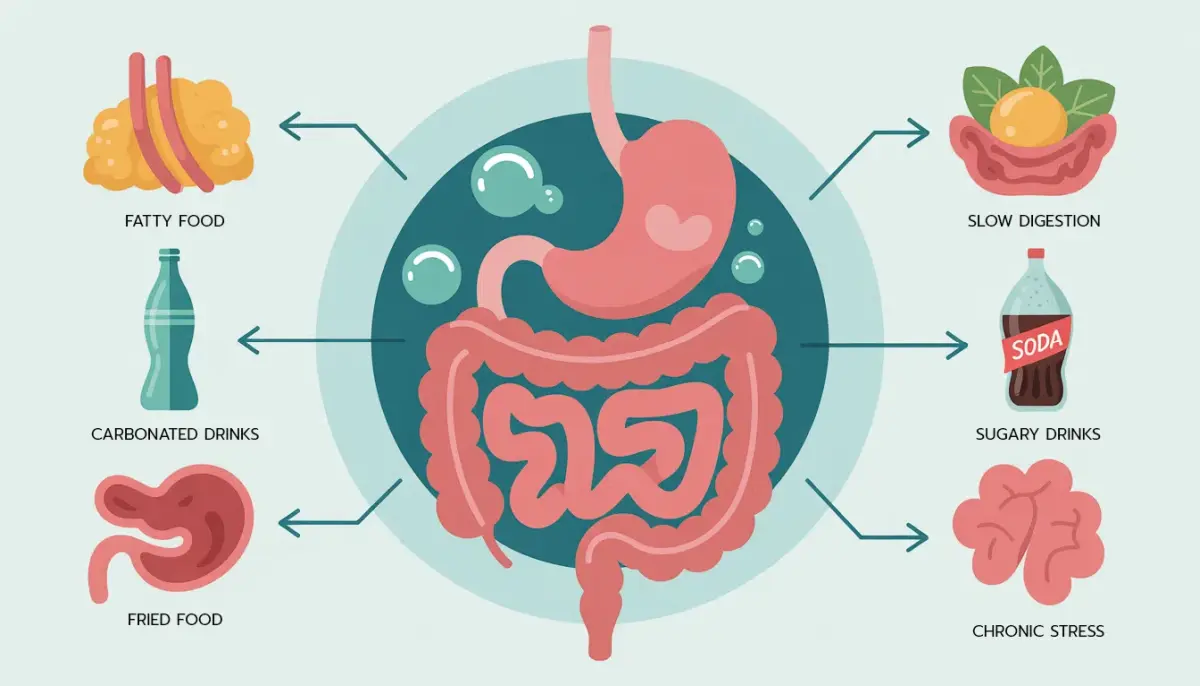 infographic แสดงสาเหตุ แน่นท้อง หลังกิน เช่น อาหารมัน น้ำอัดลม ความเครียด และการย่อยช้า