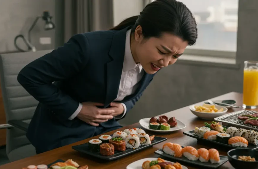ผู้หญิงเอเชียแน่นท้อง หลังกินอาหารญี่ปุ่น จับท้องด้วยความอึดอัด