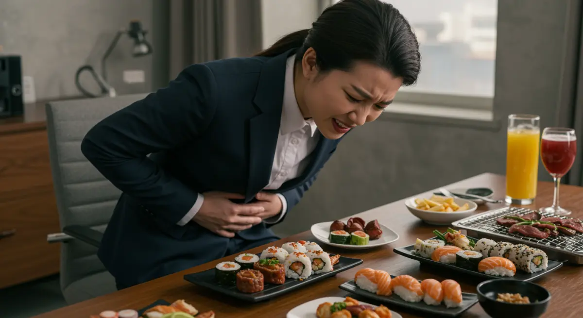 ผู้หญิงเอเชียแน่นท้อง หลังกินอาหารญี่ปุ่น จับท้องด้วยความอึดอัด