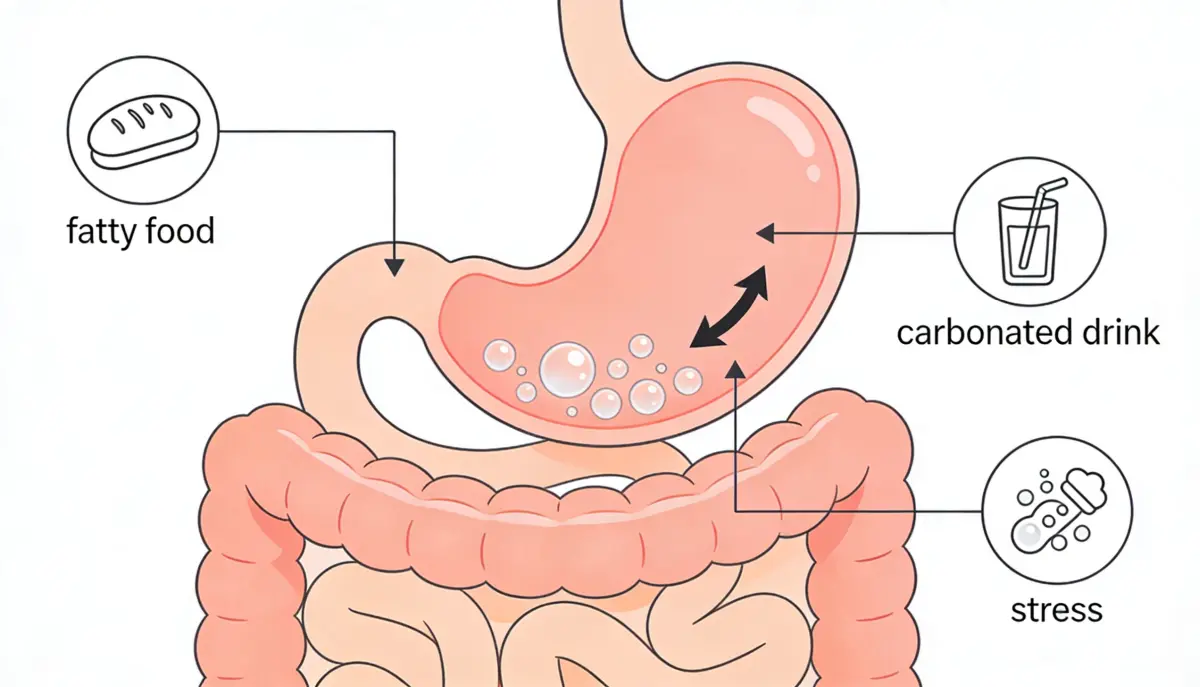 สาเหตุแน่นท้อง หลังกิน เช่น อาหารมัน น้ำอัดลม และความเครียด