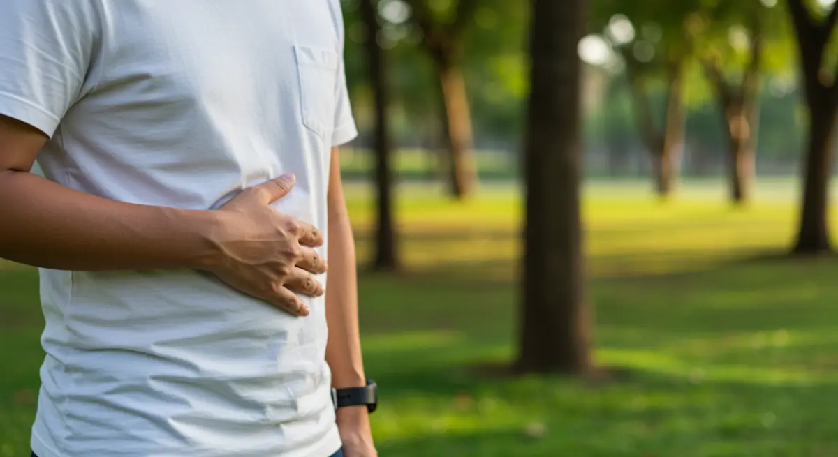 คนกำลังจับท้อง รู้สึกสบายขึ้นหลังแน่นท้อง หลังกิน ขณะเดินในสวน