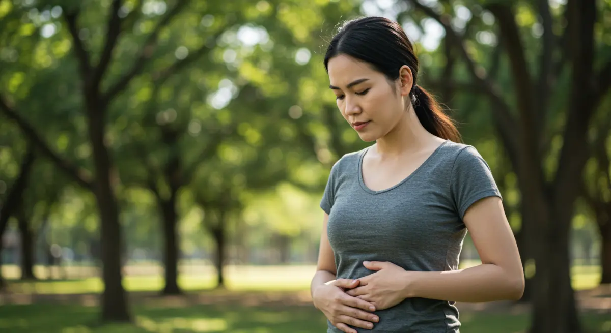 ผู้หญิงกำลังจับท้อง รู้สึกสบายขึ้นหลังแน่นท้อง หลังกิน ขณะเดินในสวน