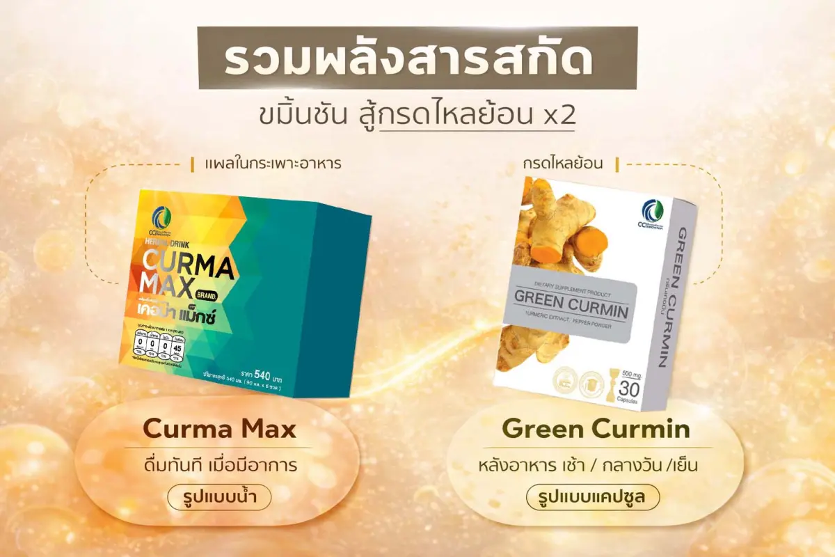 เปรียบเทียบ Green Curmin กับ Curma Max สำหรับอาการกรดไหลย้อน ขมิ้นชันละลายน้ำและแบบน้ำ