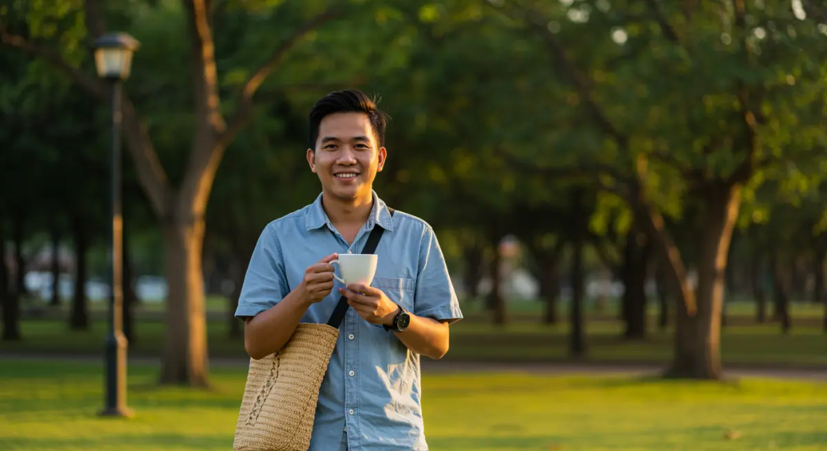 คนไทยเดินเล่นหลังอาหารอย่างผ่อนคลายในสวน ช่วยลดอาการท้องอืดและแน่นท้อง