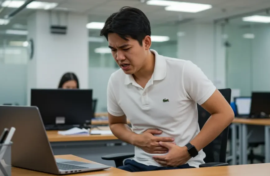 ชายไทยนั่งทำงานแล้วปวดท้อง แน่นท้องจากอาการท้องอืดเรื้อรัง