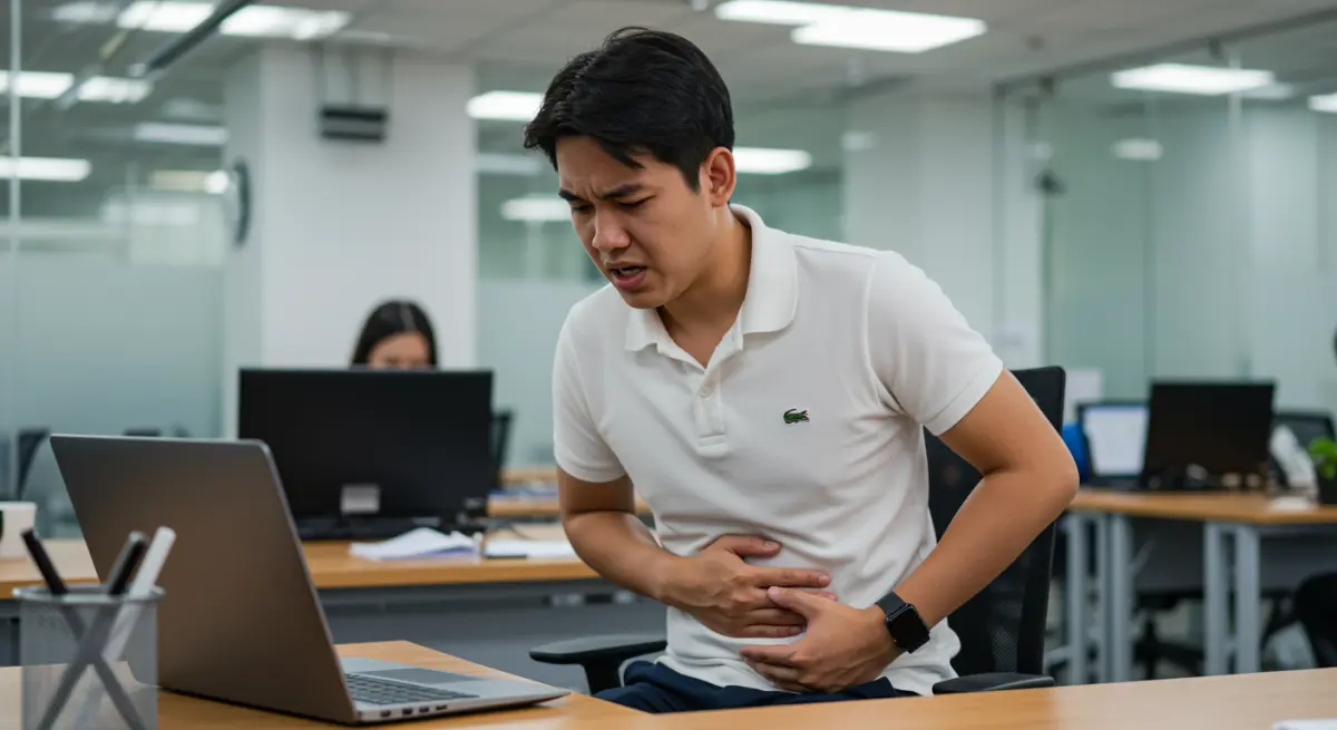 ชายไทยนั่งทำงานแล้วปวดท้อง แน่นท้องจากอาการท้องอืดเรื้อรัง
