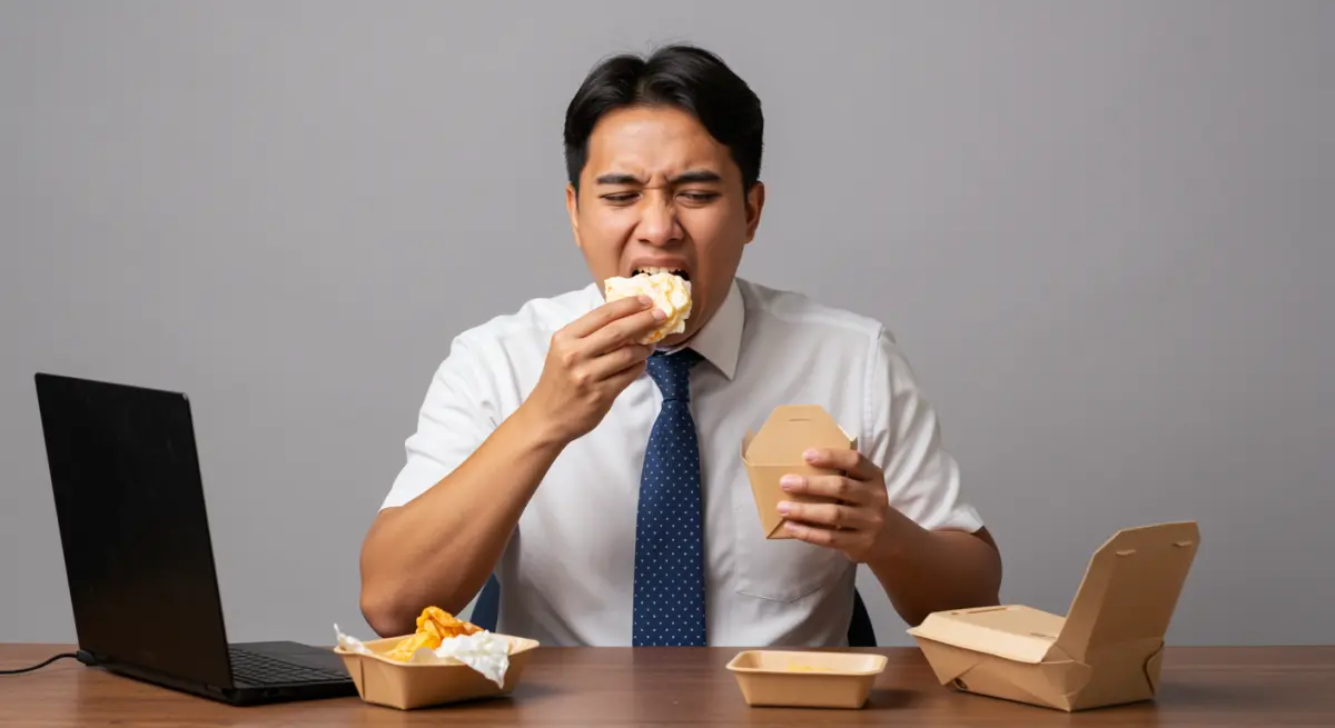 พนักงานออฟฟิศกินอาหารเร็วในที่ทำงาน พฤติกรรมที่ทำให้ท้องอืดบ่อยและระบบย่อยอาหารผิดปกติ