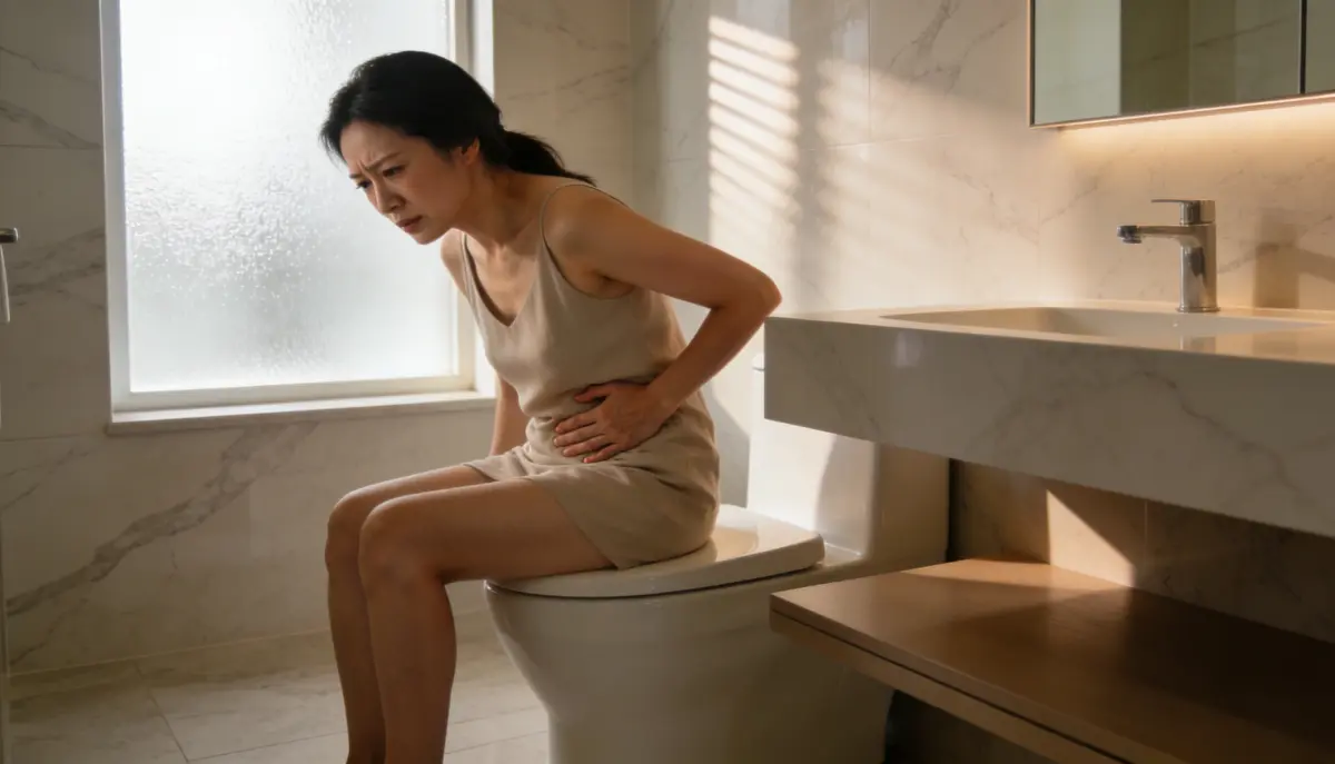 ผู้หญิงนั่งในห้องน้ำมีอาการปวดท้องและขับถ่ายลำบาก สื่อถึงปัญหาท้องผูกและริดสีดวงในชีวิตประจำวัน