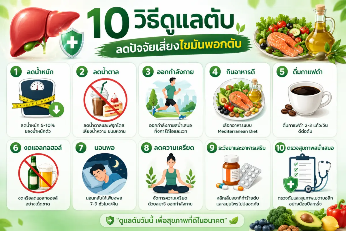 10 วิธีดูแลตับและลดปัจจัยเสี่ยงไขมันพอกตับ เช่น ลดน้ำหนัก ออกกำลังกาย และนอนหลับเพียงพอ