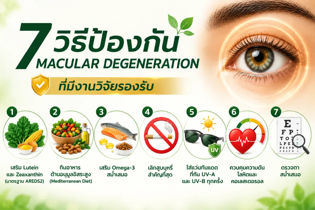 7 วิธีดูแลดวงตาและลดความเสี่ยงจอประสาทตาเสื่อม ได้แก่ ลูทีนและซีแซนทีน อาหารต้านอนุมูลอิสระ โอเมกา 3 เลิกสูบบุหรี่ ใส่แว่นกันแดด ควบคุมความดัน และตรวจตาสม่ำเสมอ