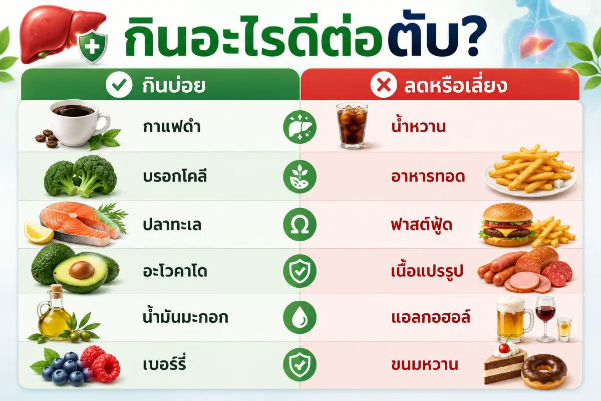 ตารางเปรียบเทียบอาหารดีต่อตับและอาหารที่ควรหลีกเลี่ยงสำหรับผู้มีไขมันพอกตับ