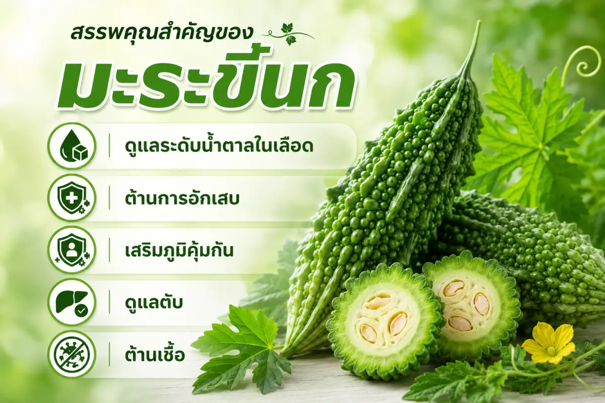มะระขี้นกสดแสดงสรรพคุณสำคัญ ช่วยดูแลระดับน้ำตาลในเลือด ต้านการอักเสบ เสริมภูมิคุ้มกัน ดูแลตับ และต้านเชื้อ