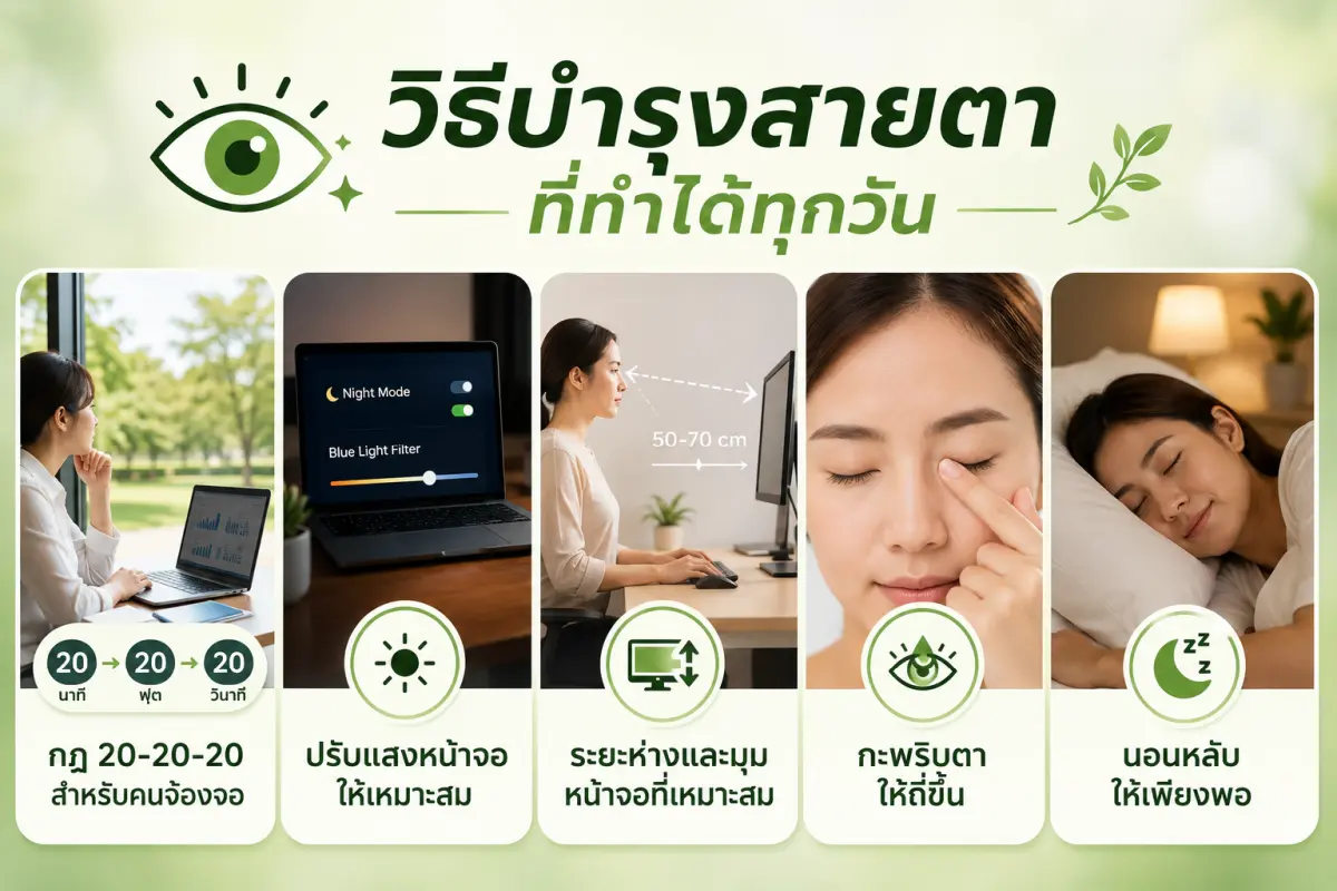 วิธีบำรุงสายตาที่ทำได้ทุกวัน เช่น กฎ 20-20-20 ปรับแสงหน้าจอ เว้นระยะจอ กะพริบตาบ่อย และนอนหลับให้เพียงพอ