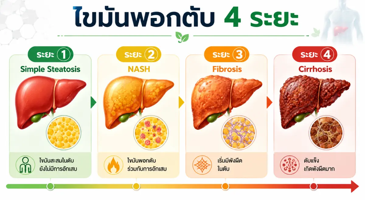 อินโฟกราฟิกแสดง 4 ระยะของไขมันพอกตับ ตั้งแต่ Simple Steatosis ถึง Cirrhosis